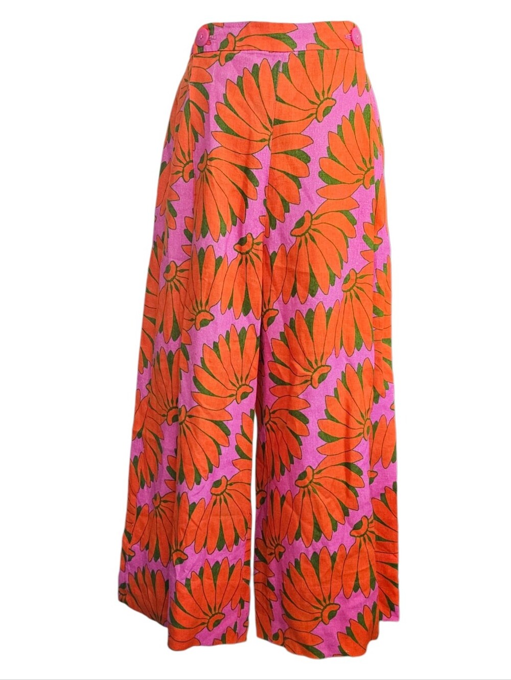 FARM Rio Pink Wide-Leg Linen Floral Trousers with Orange Blooms M - Picture 3 of 9